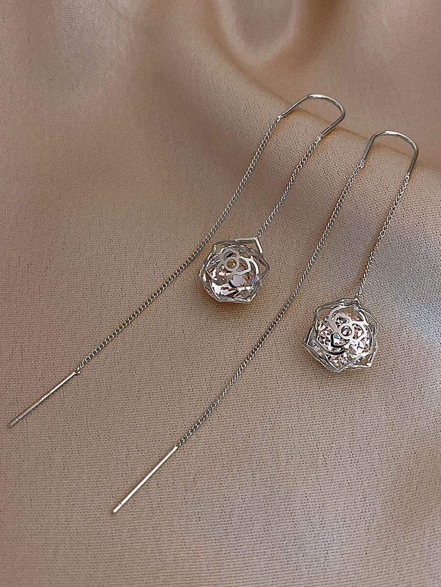 Andkiss Hollow Out Flower Decor Threader Earrings - Silver - View 1