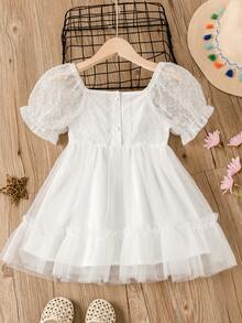 Niñas Vestido de manga farol de malla en contraste bajo con fruncido - Blanco - Ver 2