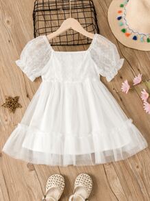 Niñas Vestido de manga farol de malla en contraste bajo con fruncido - Blanco - Ver 1