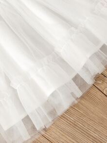 Niñas Vestido de manga farol de malla en contraste bajo con fruncido - Blanco - Ver 4