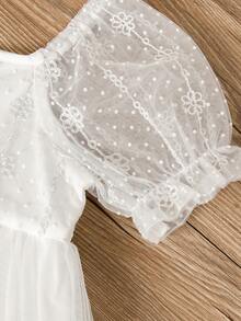 Niñas Vestido de manga farol de malla en contraste bajo con fruncido - Blanco - Ver 6