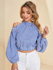 SHEIN Áo sơ mi nữ Nút Cắt ra Kẻ sọc Boho - Xanh và trắng - Xem 1