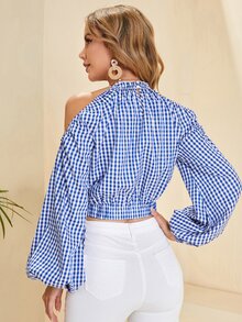 SHEIN Áo sơ mi nữ Nút Cắt ra Kẻ sọc Boho - Xanh và trắng - Xem 2