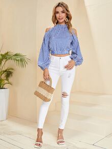 SHEIN Áo sơ mi nữ Nút Cắt ra Kẻ sọc Boho - Xanh và trắng - Xem 4