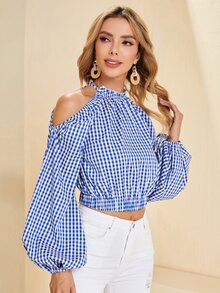 SHEIN Áo sơ mi nữ Nút Cắt ra Kẻ sọc Boho - Xanh và trắng - Xem 5