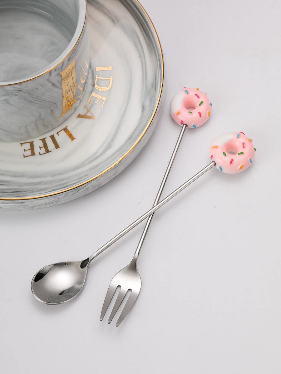 2 piezas Set cuchara y tenedor dónut con diseño - Plateado - Ver 1