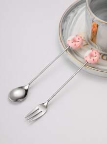 2 piezas Set cuchara y tenedor dónut con diseño - Plateado - Ver 3