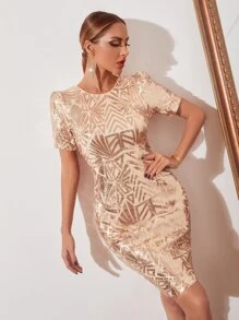 Zolique Puff Sleeve Sequin Bodycon Dress - Champagne - View 1