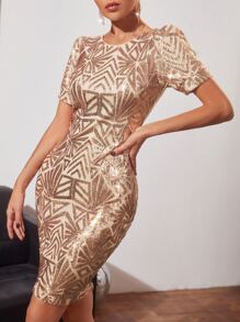 Zolique Puff Sleeve Sequin Bodycon Dress - Champagne - View 4