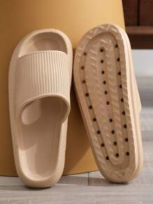 Women's Unisex Plastic Slippers, Wide Design, Minimalist Style - Khaki - View 1