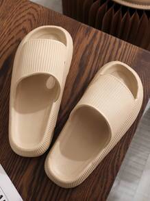 Women's Unisex Plastic Slippers, Wide Design, Minimalist Style - Khaki - View 2