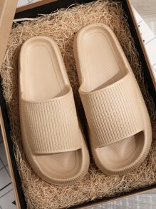 Women's Unisex Plastic Slippers, Wide Design, Minimalist Style - Khaki - View 3