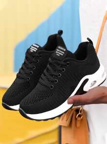 Knit Lace-up Front Chunky Sneakers, Black Athletic Solid Color Women's Sneakers - Black - View 1