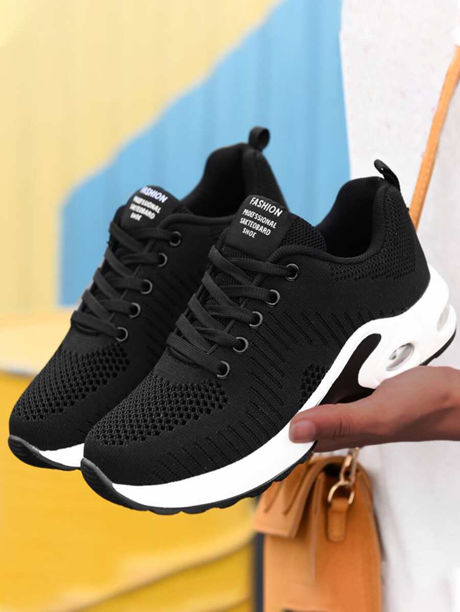 Knit Lace-up Front Chunky Sneakers, Black Athletic Solid Color Women's Sneakers - Black - View 1