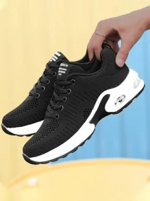 Knit Lace-up Front Chunky Sneakers, Black Athletic Solid Color Women's Sneakers - Black - View 2