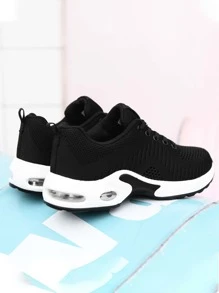 Knit Lace-up Front Chunky Sneakers, Black Athletic Solid Color Women's Sneakers - Black - View 3