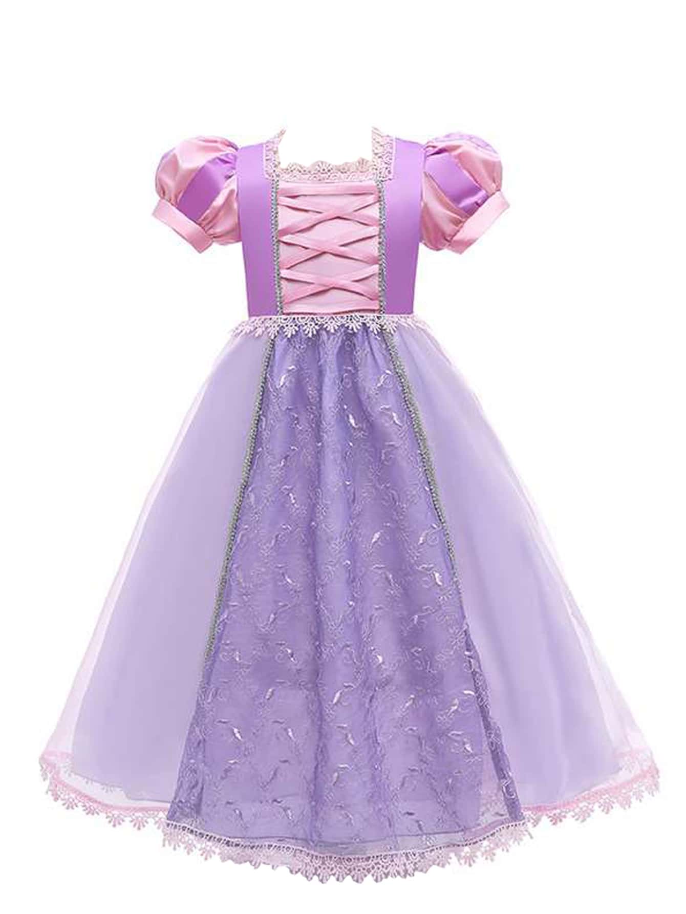 小女童泡泡袖十字交叉鏤空蕾絲花邊網紗邊派對禮服 - 彩色 - 查看 1