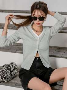 DAZY Button Front 2 In 1 Tee - Light Grey - View 7