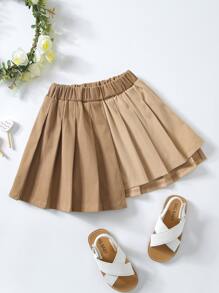 小女童雙色不對稱下擺百褶半身裙 - 卡其色 - 查看 1
