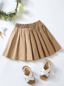 小女童雙色不對稱下擺百褶半身裙 - 卡其色 - 查看 2