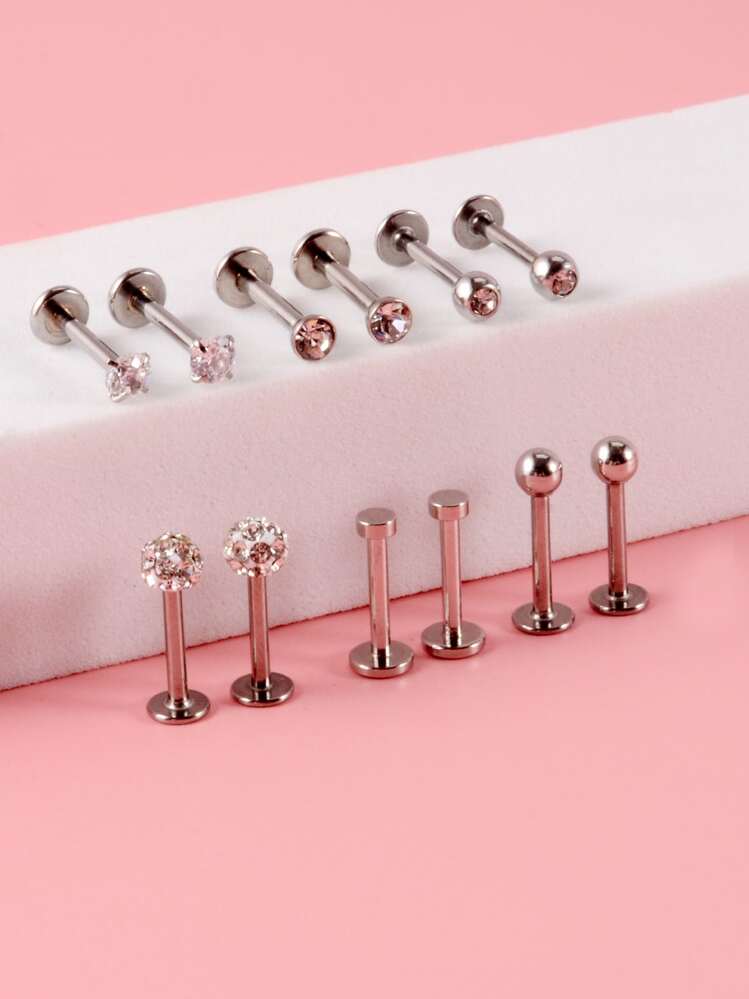 12pcs Cubic Zirconia Decor Labret Lip Ring - Silver - View 1