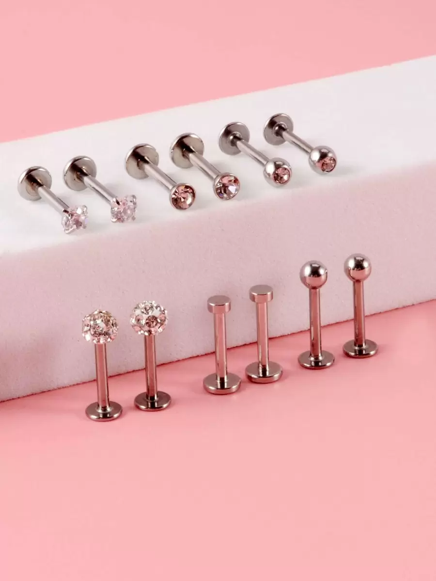 12 cái/bộ Vòng môi Labret trang trí bằng thép không gỉ, đính đá khối Zirconia dành cho nữ ＆ nam, thể hiện sự táo bạo với món quà trang sức cơ thể sắc sảo này - Bạc - Xem 1