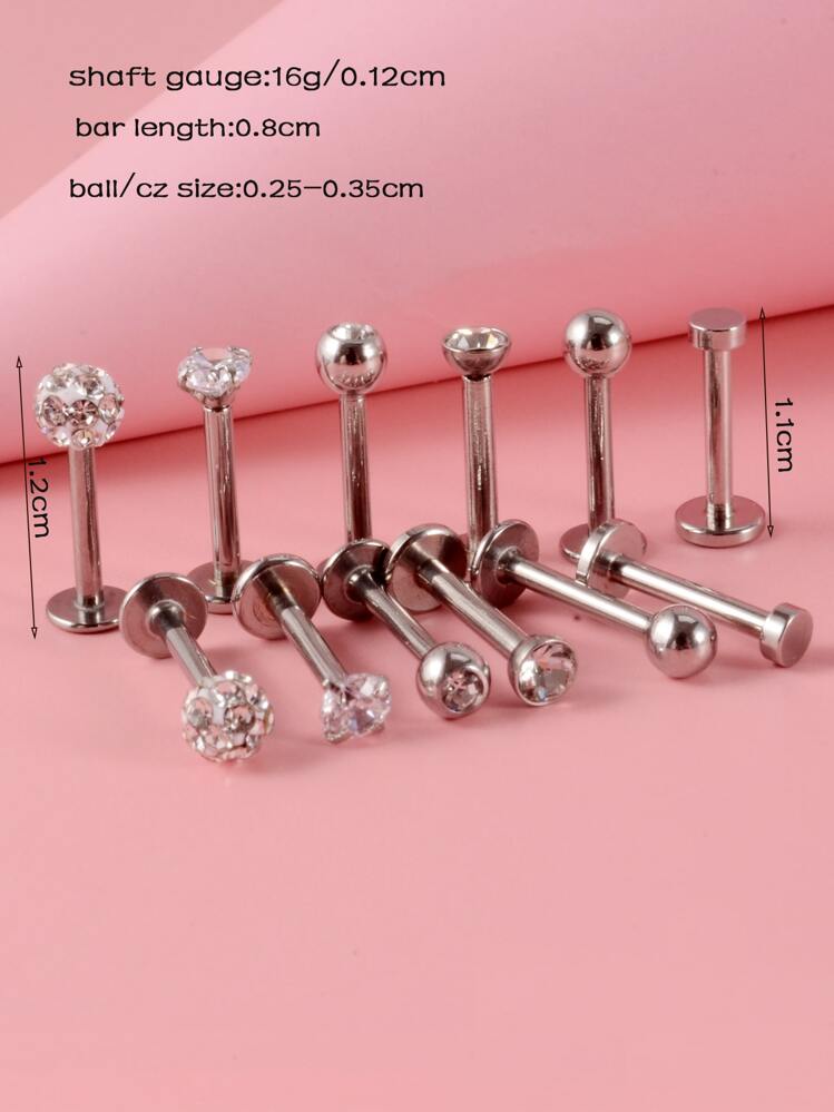 12pcs Cubic Zirconia Decor Labret Lip Ring - Silver - View 3