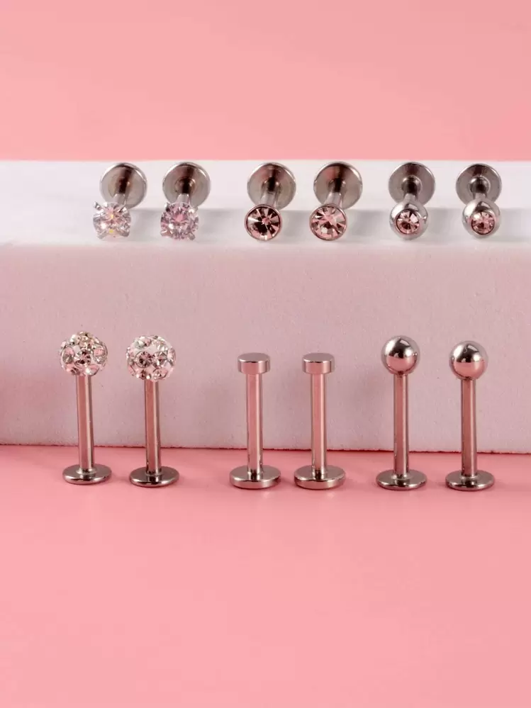 12pcs Cubic Zirconia Decor Labret Lip Ring - Silver - View 4
