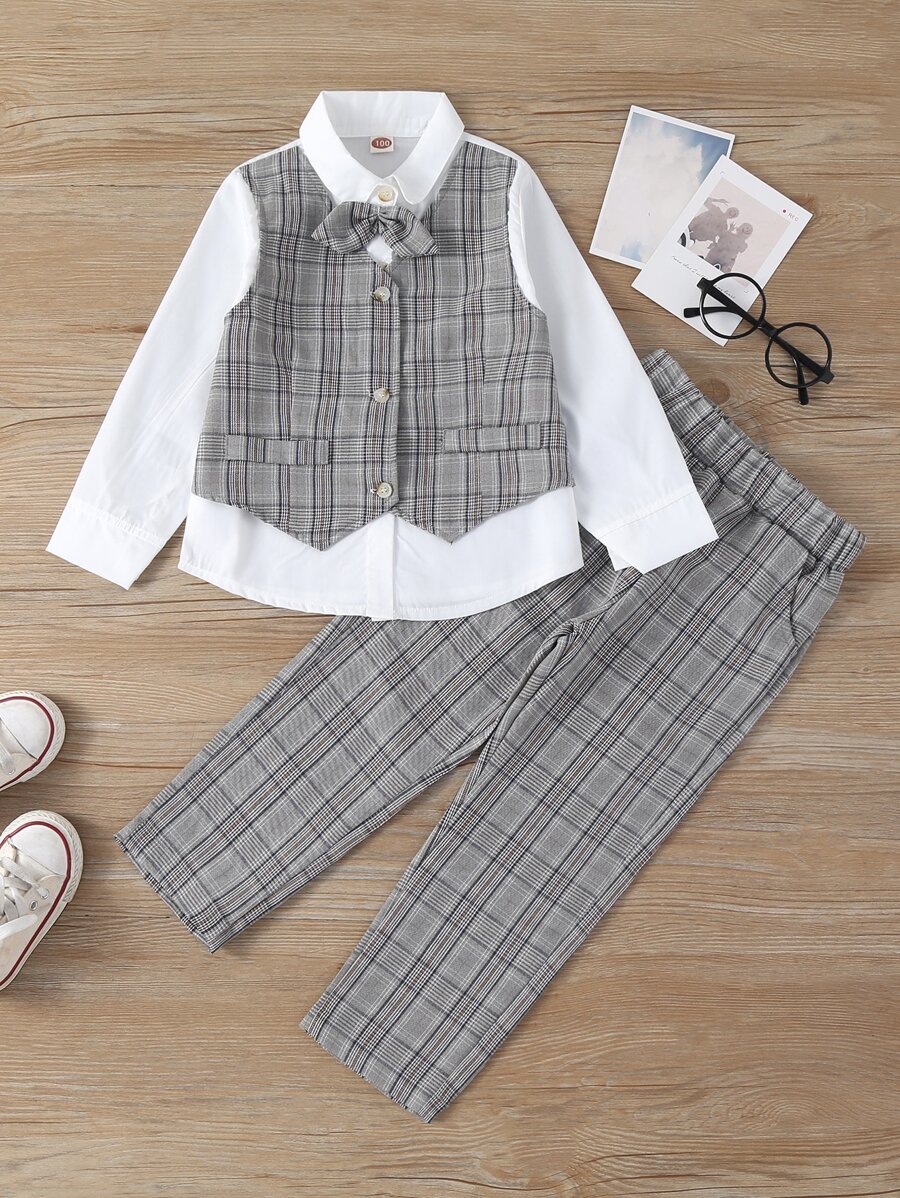 SHEIN Bộ thời trang bé trai Nơ Bướm Nút Sọc ca rô Sẵn sàng - Nhiều màu - Xem 1
