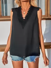 Áo sơ mi nữ Tương phản ren Thắt nút màu trơn Giải trí - màu đen - Xem 1