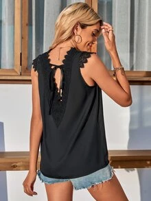 Áo sơ mi nữ Tương phản ren Thắt nút màu trơn Giải trí - màu đen - Xem 2