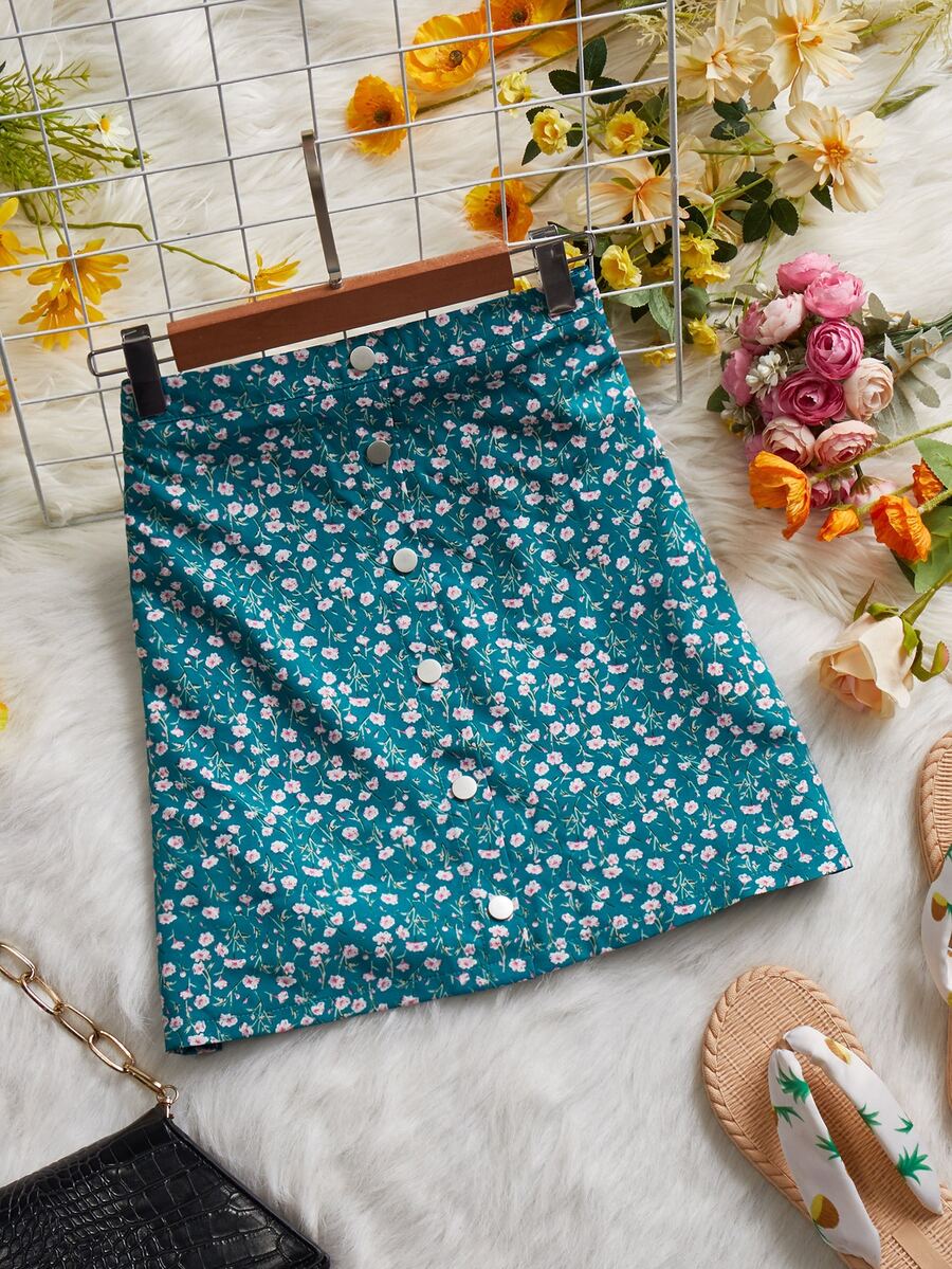 Váy nữ Nút phía trước Họa tiết hoa Boho - Màu xanh ngọc - Xem 1