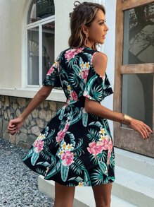 Breezaya Tropical Print Cold Shoulder Belted Dress - Multicolor - View 2