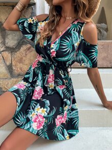 Breezaya Tropical Print Cold Shoulder Belted Dress - Multicolor - View 3