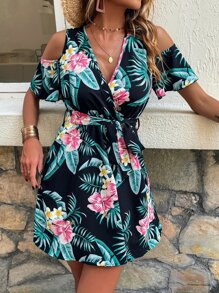 Breezaya Tropical Print Cold Shoulder Belted Dress - Multicolor - View 5