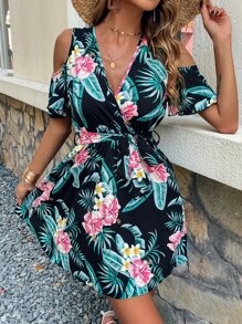 Breezaya Tropical Print Cold Shoulder Belted Dress - Multicolor - View 7