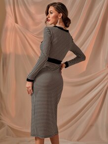 Modelyn Houndstooth Single Breasted Dress Maxi Women Outfit - Black and White - View 2