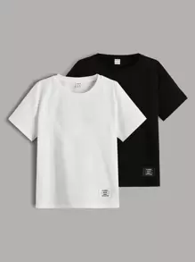 SHEIN 2pcs Tween Boys Letter & Cartoon Print Crew Neck Short Sleeve T-Shirts, Casual Summer Outfits - Black and White - View 1