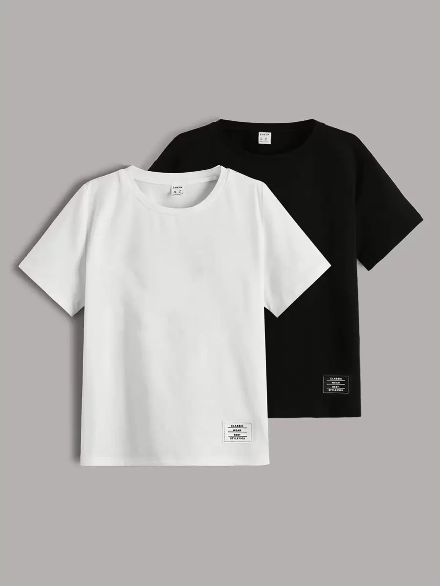 SHEIN 2pcs Tween Boys Letter & Cartoon Print Crew Neck Short Sleeve T-Shirts, Casual Summer Outfits - Black and White - View 1