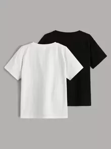SHEIN 2pcs Tween Boys Letter & Cartoon Print Crew Neck Short Sleeve T-Shirts, Casual Summer Outfits - Black and White - View 2
