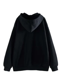 閃電和字母圖案袋鼠口袋抽繩保暖連帽衫 - 黑色 - 查看 2