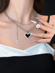 Heart & Disc Charm Layered Necklace - Silver - View 1