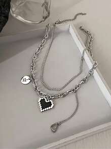 Heart & Disc Charm Layered Necklace - Silver - View 2