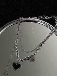 Heart & Disc Charm Layered Necklace - Silver - View 3