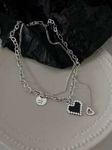 Heart & Disc Charm Layered Necklace - Silver - View 4
