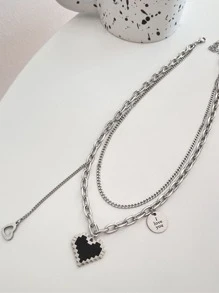 Heart & Disc Charm Layered Necklace - Silver - View 5