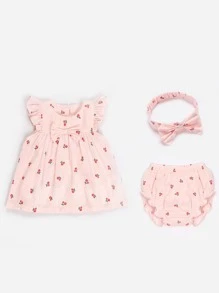 嬰兒櫻桃圖案荷葉邊上衣和短褲和髮帶 - 淺粉色 - 查看 3
