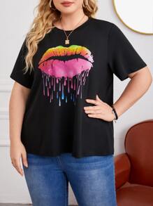 大碼嘴唇印花T恤 - 黑色 - 查看 1