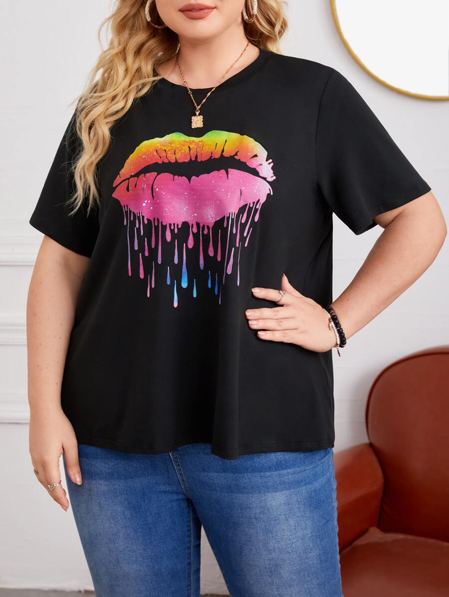 大碼嘴唇印花T恤 - 黑色 - 查看 1