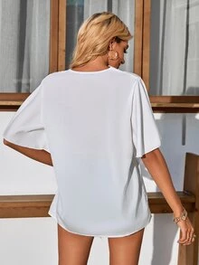 Áo sơ mi nữ Tương phản ren màu trơn Boho - trắng - Xem 2